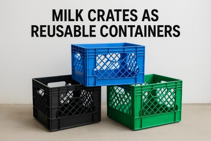 Milk crates as reusable containers.