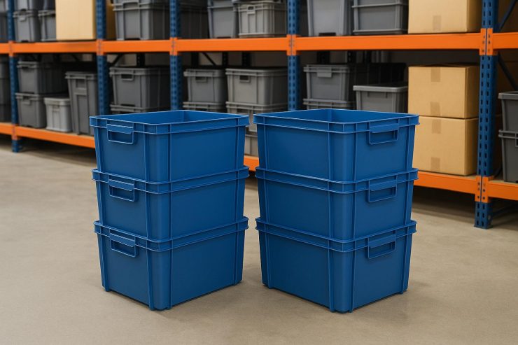 Stackable containers for warehouse organization.