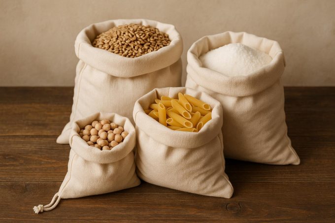 Textile bags for storing bulk goods.
